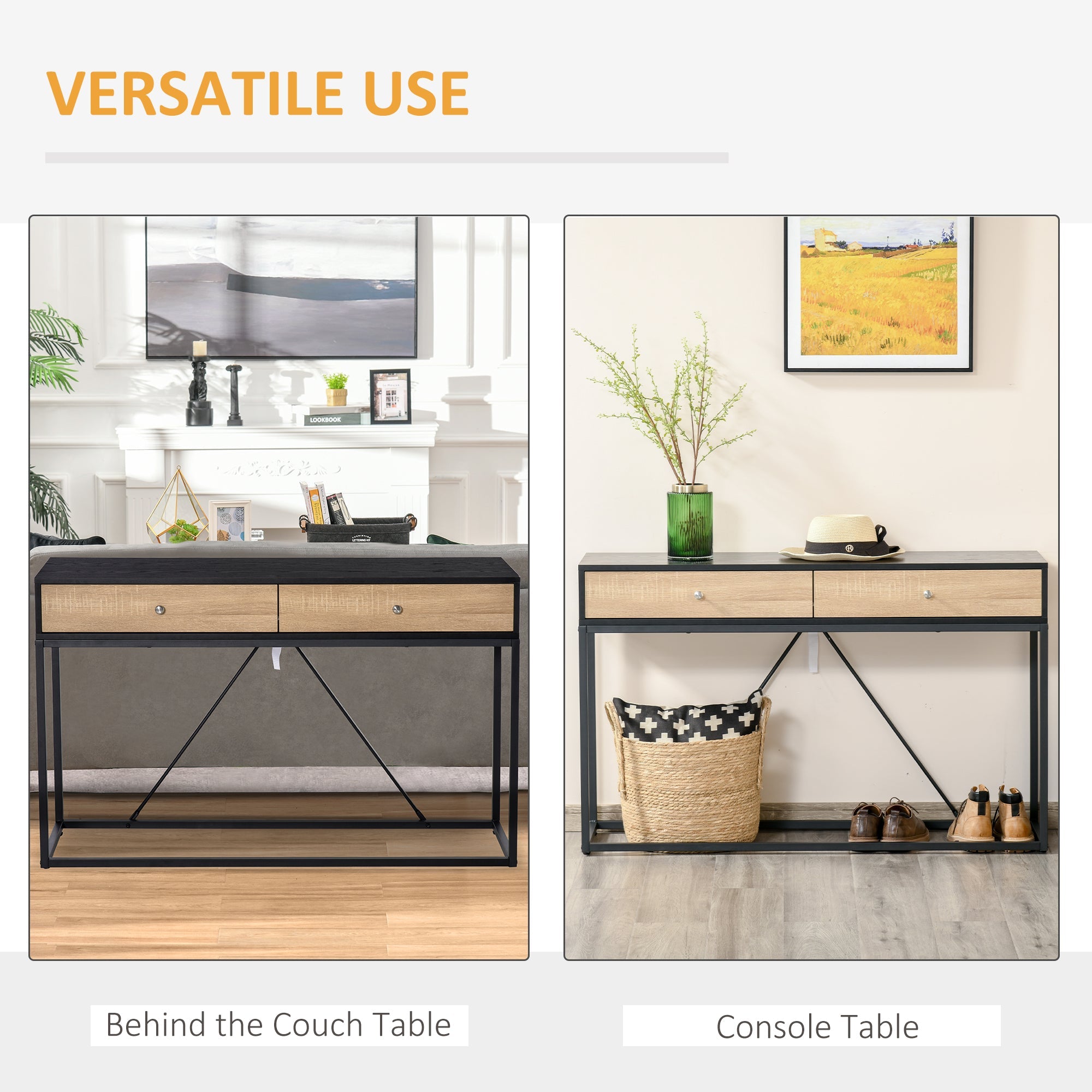 HOMCOM Modern Console Table: Entryway Sofa Table with 2 Drawers & Steel Frame, Living Room/Hallway, Black 