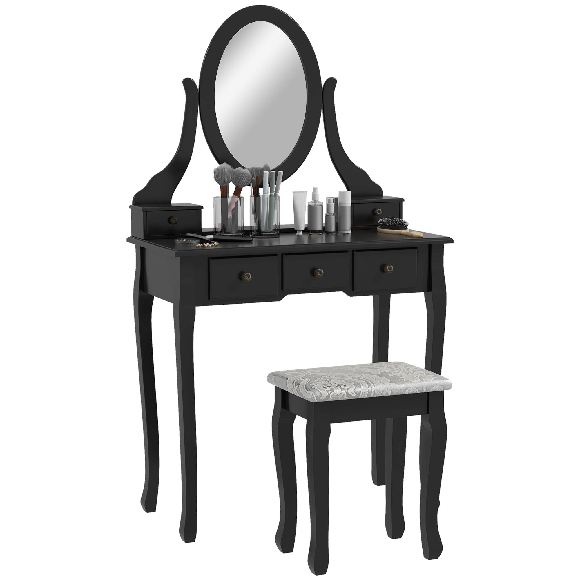 HOMCOM Vanity Dressing Table Set Contemporary Wooden Makeup Desk with Mirror Stool 5 Drawers Black 