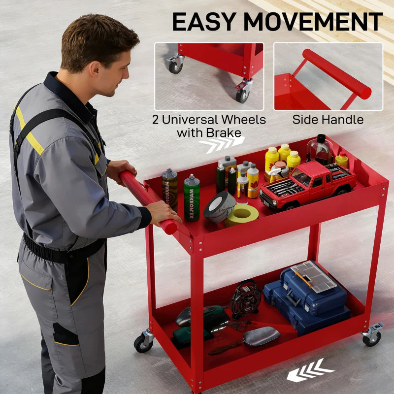 Rolling Tool Cart, 2 Tier Mobile Service Utility Cart with Wheels, Red