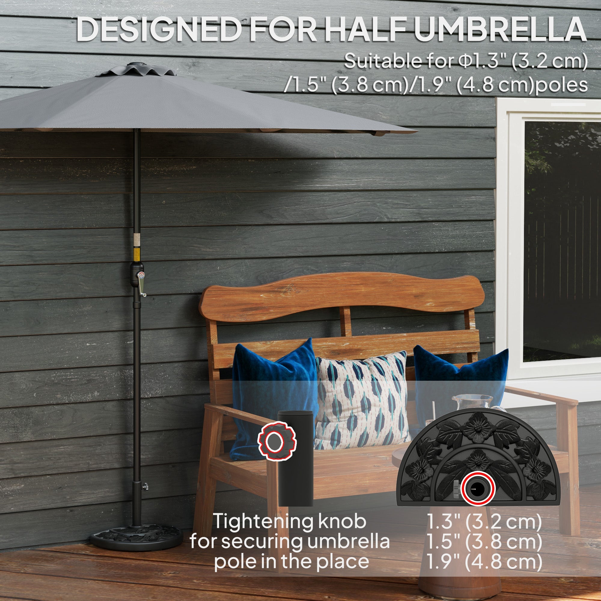 Outsunny Half Umbrella Base, 21 lbs Concrete Half Umbrella Stand Outdoor Umbrella Base with Flower-Leaf Design, Patio Umbrella Stand for Outdoor Lawn Poolside, Black 