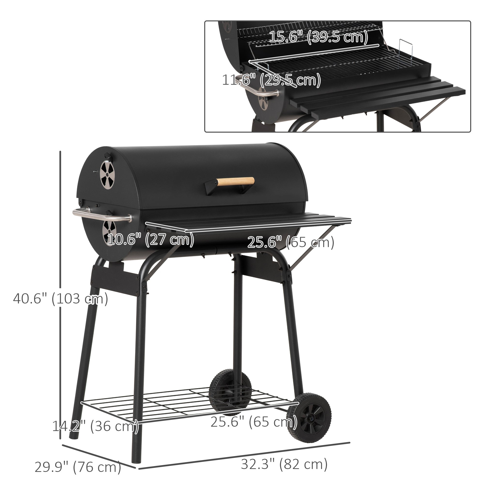Outsunny 30" Charcoal Barbecue Grill with Wheels Outdoor Barbecue with Adjustable Charcoal Rack, Storage Shelf, Wheel, for Garden Camping Picnic 