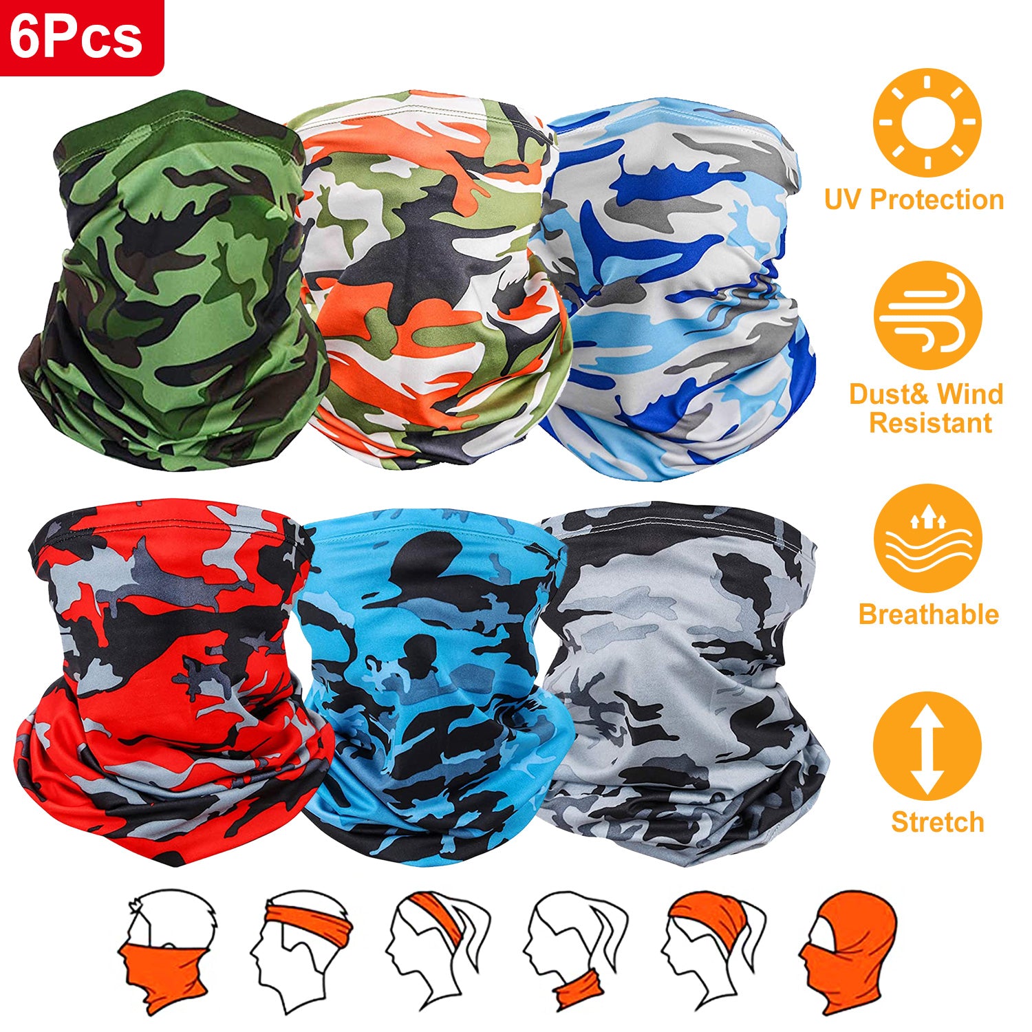 6Pcs Summer Neck Gaiter UV Sunscreen Protection Face Mask Scarf Breathable Cooling Shield Coverings For Cycling Hiking Fishing Running Motorcycle