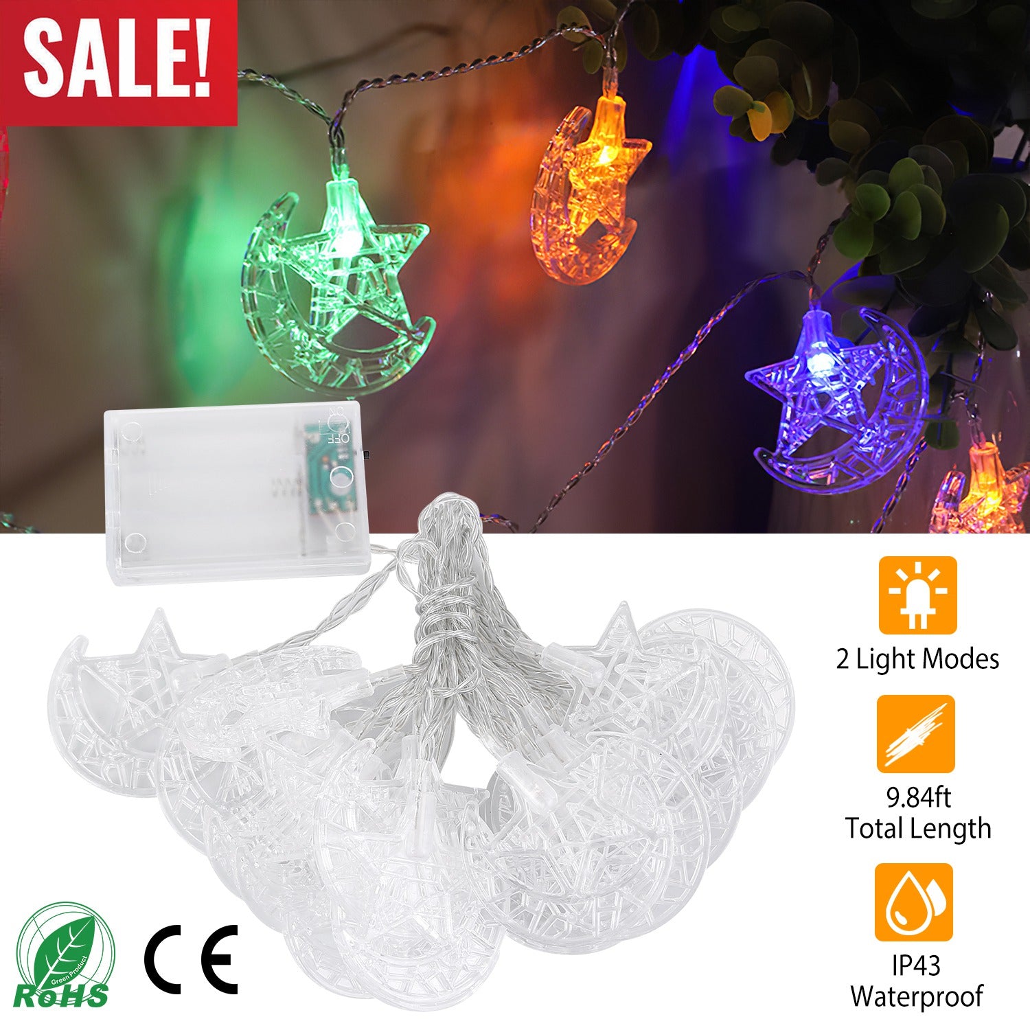 LED Star Moon IP43 Waterproof String Lights 2 Light Modes Battery Powered Decorative Light for Ramadan Christmas Wedding Party Home Patio Multi-color