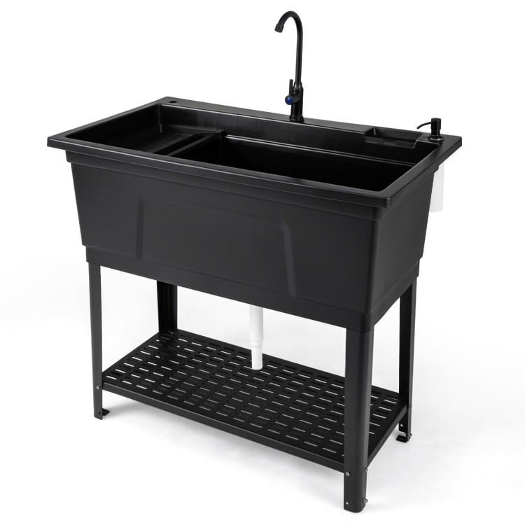 100L Utility Sink Laundry Tub with Rotating Faucet and Storage Shelf