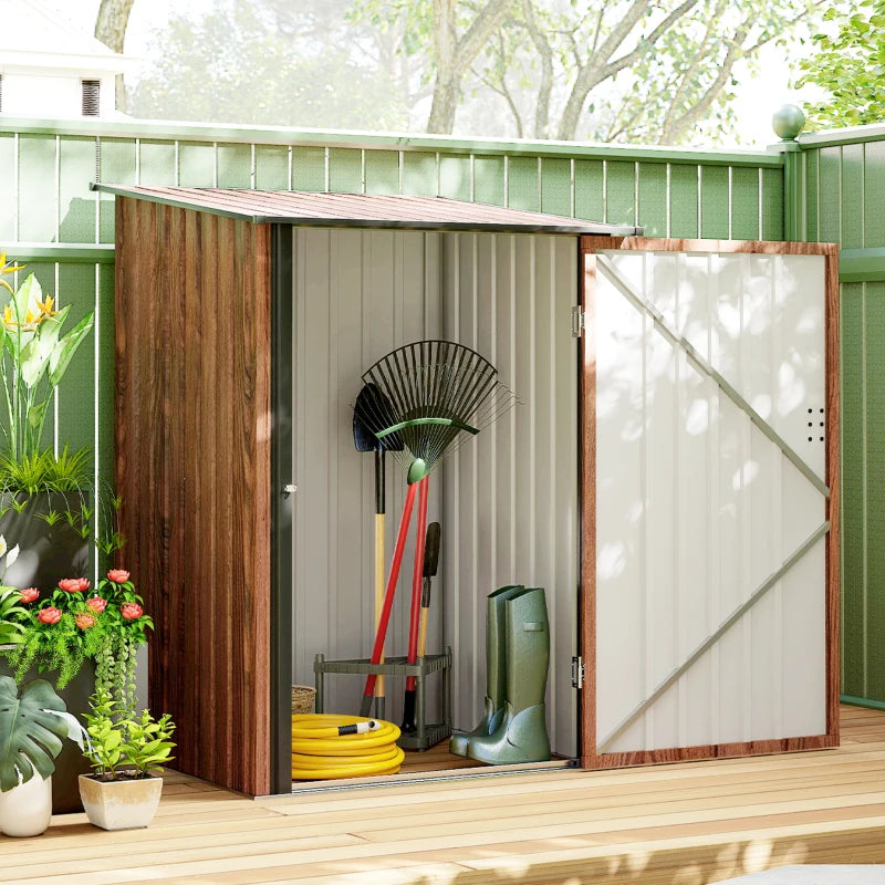 3.3' x 3.4' Lean-to Garden Storage Shed, Outdoor Galvanized Steel Tool House with Lockable Door for Patio, Teak