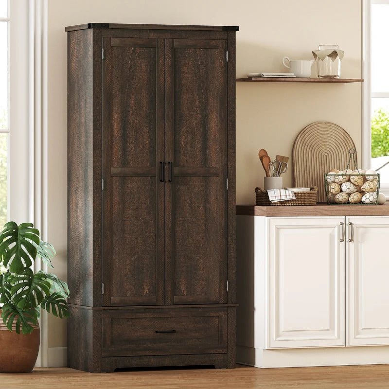 69" Tall Farmhouse Kitchen Pantry Cabinet with 2 Doors, Drawer and Adjustable Shelves, Dark Brown