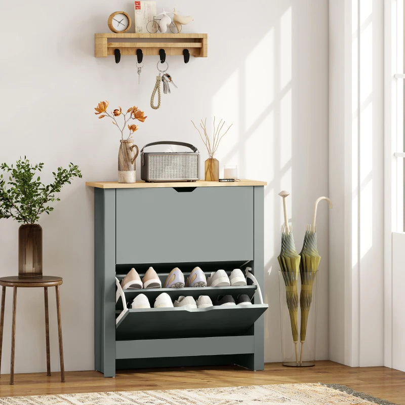 Shoe Storage Cabinet with 2 Flip Drawers and Adjustable Shelves for 12 Pairs of Shoes, Light Grey