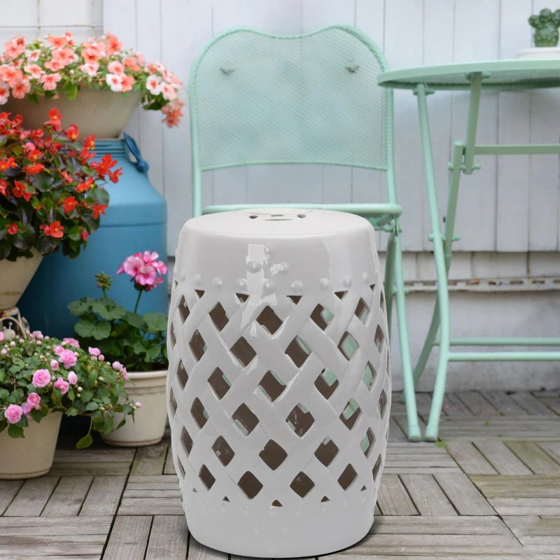 18" Ceramic Garden Stool with Woven Lattice Design, Indoor & Outdoor Decorative Accent Stool, White