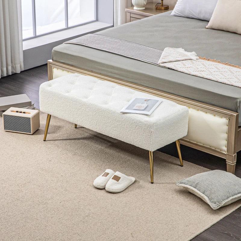 44" Lamb's Wool-Feel Upholstered Bedroom Bench, End of Bed Bench with Thick Padded Cushion and Steel Legs, Cream White