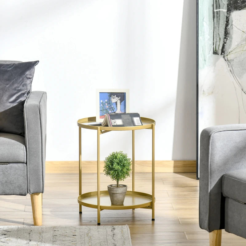 2-Tier Gold Side Table, Round Nightstand with Removable Trays Folding Metal Frame Adjustable Foot End Table for Living Room Bedroom