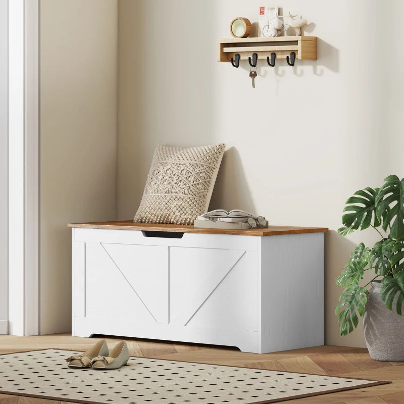 39.4 Inches Storage Chest, Storage Trunk with 2 Safety Hinges for Living Room, Brown and White Wood Grain