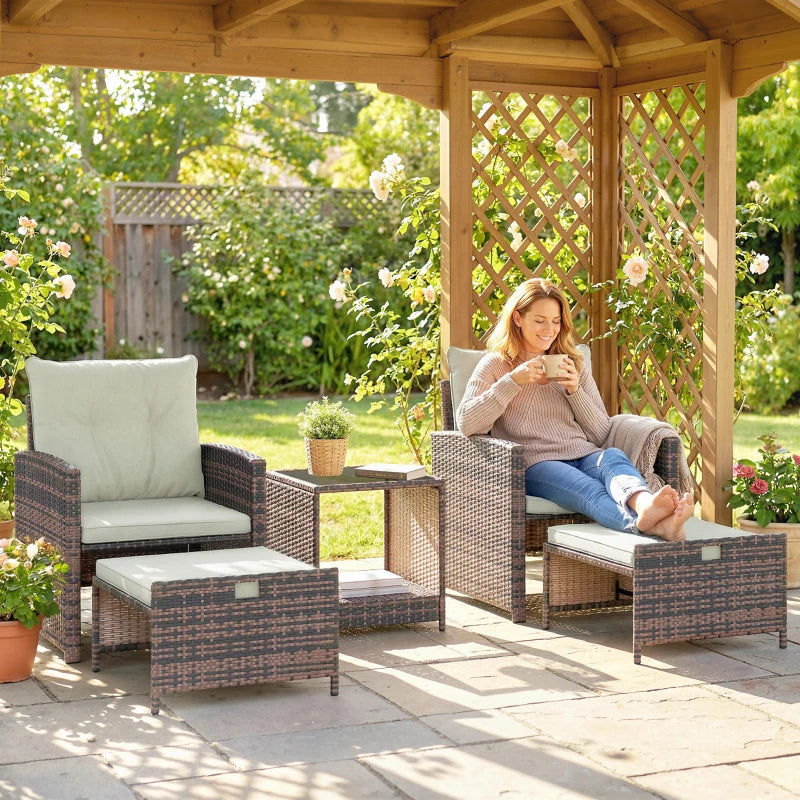 5 Piece Patio Furniture Set, Wicker Patio Chairs with Ottomans, 2-Tier Glass Coffee Table and Cushions, Brown/Cream