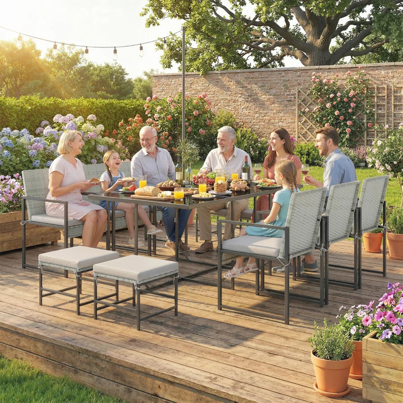 11 Pieces Wicker Patio Dining Set, Rattan Outdoor Furniture Set with 6 Armchairs, 4 Stools, Light Grey