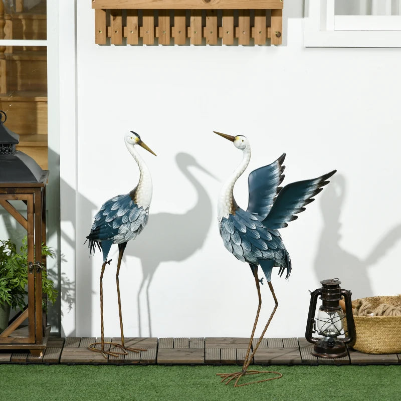 Set of 2 Garden Sculptures, Heron Garden Statues for Lawn, Patio, Backyard Decoration, 29" & 27.5", Blue