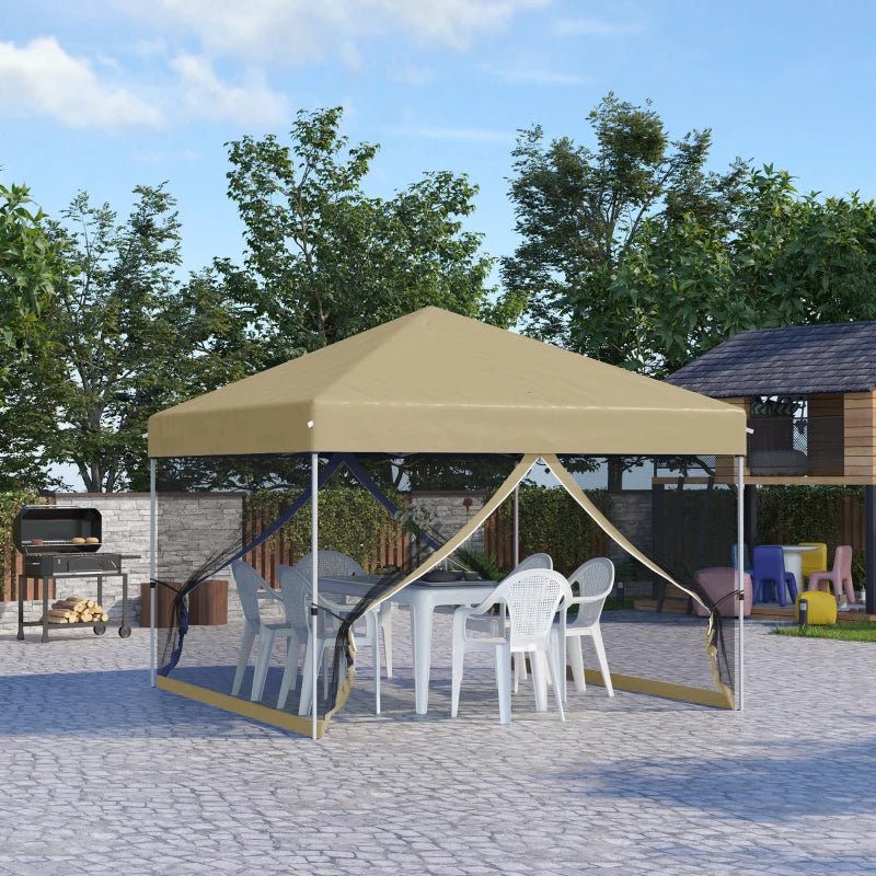 10' x 10' Pop-Up Party Tent UPF50+ Outdoor Canopy Tent with Mesh Sidewalls, 3-Level Adjustable Height, Roller Bag, Khaki