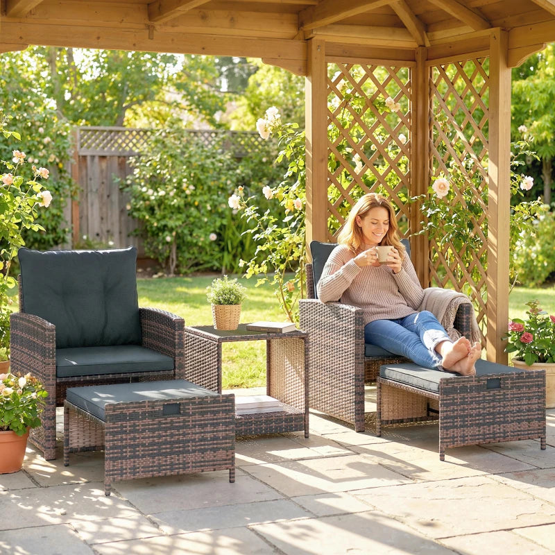 5 Piece Patio Furniture Set, Wicker Patio Chairs with Ottomans, 2-Tier Glass Coffee Table and Cushions, Brown/Dark Grey