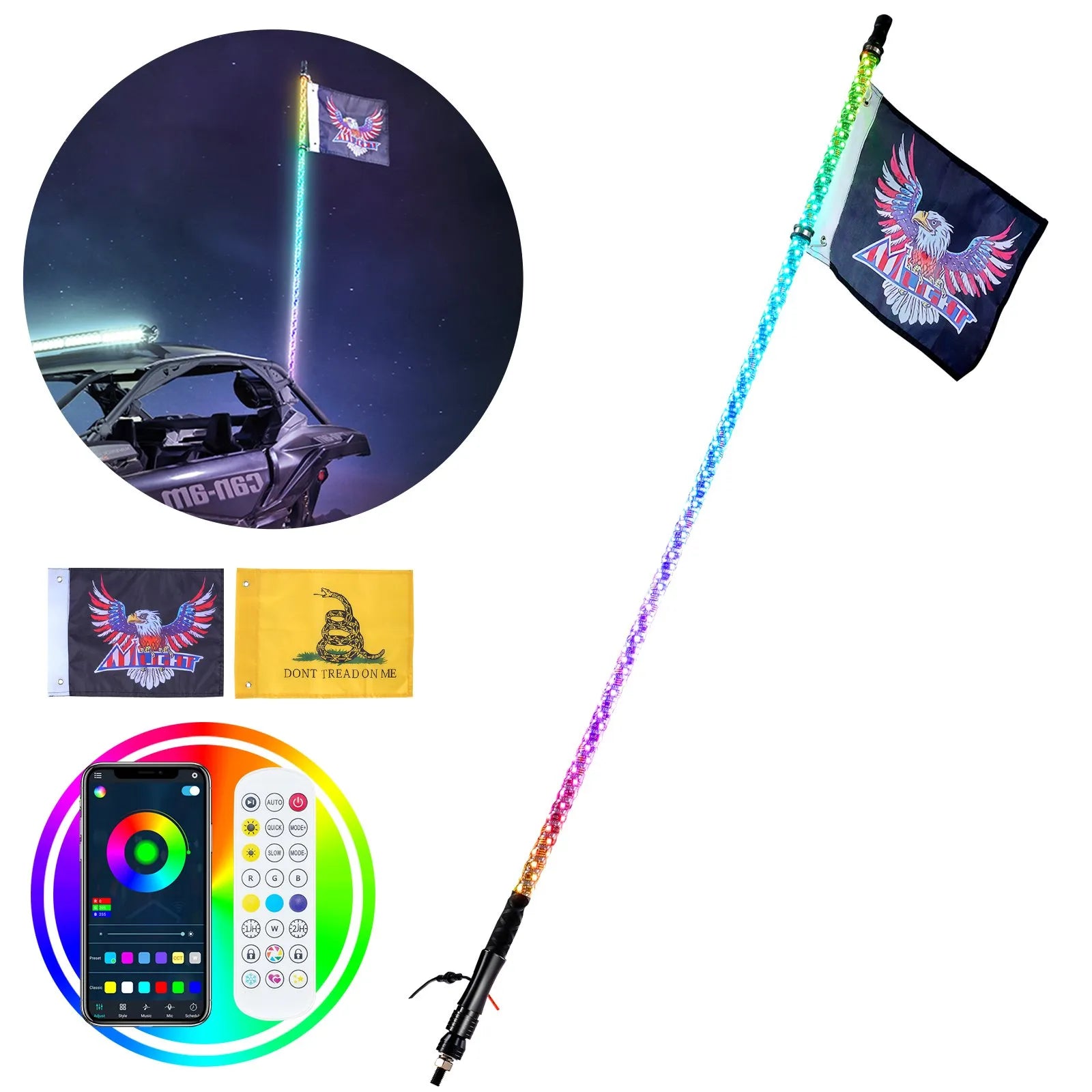 VEVOR 1 PC 5 FT Whip Light, APP & RF Remote Control Led Whip Light, Waterproof 360°Spiral RGB Chasing Lighted Whips with 2 Flags, for UTVs, ATVs, Motorcycles, RZR, Can-am, Trucks, Off-road, Go-karts