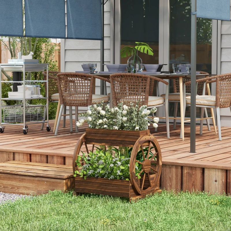 2-Tier Raised Garden Bed, Wooden Wagon Planter Boxes with Drainage Holes, for Vegetables Flowers Herbs, Carbonized