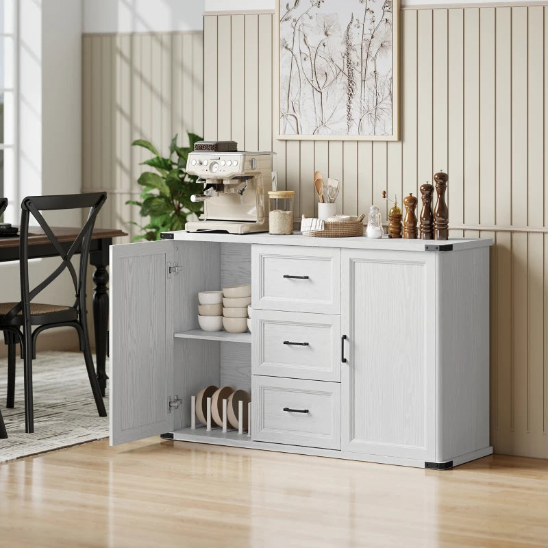 Sideboard with 3 Drawers and 2 Doors, 47" Buffet Cabinet with Adjustable Shelves for Kitchen, White Wood Grain