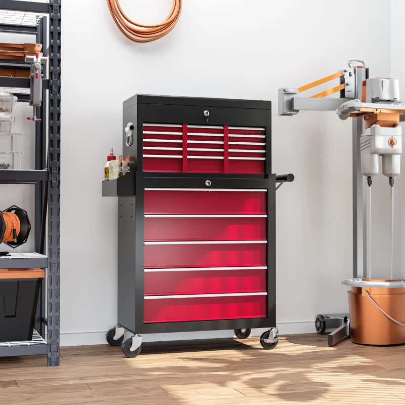 14 Drawer Rolling Tool Chest, Lockable Tool Storage Cabinet with Detachable Top Toolbox, Protective Liner, Red