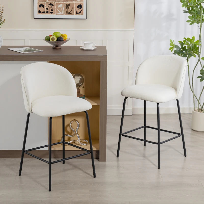 Set of 2 Counter Height Barstools, Upholstered Linen Bar Stools with Backrest, Footrest and Steel Legs, Cream White