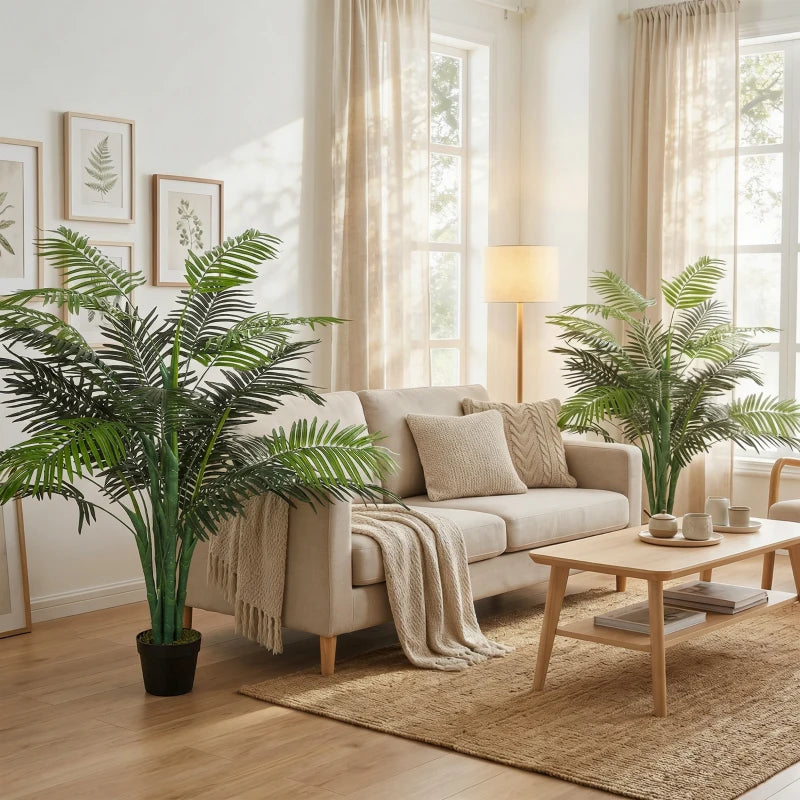 4FT Artificial Palm Tree Set of 2, Fake Tropical Tree with Lifelike Leaves, Faux Plant in Pot for Indoor Decoration, Green