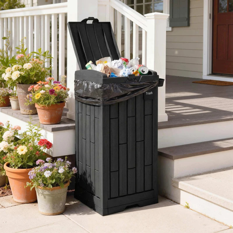 29 Gallon Outdoor Garbage Bin with Dual Lid, Plastic Outdoor Waste Trash Can with Side Holder and Drip Tray, Black