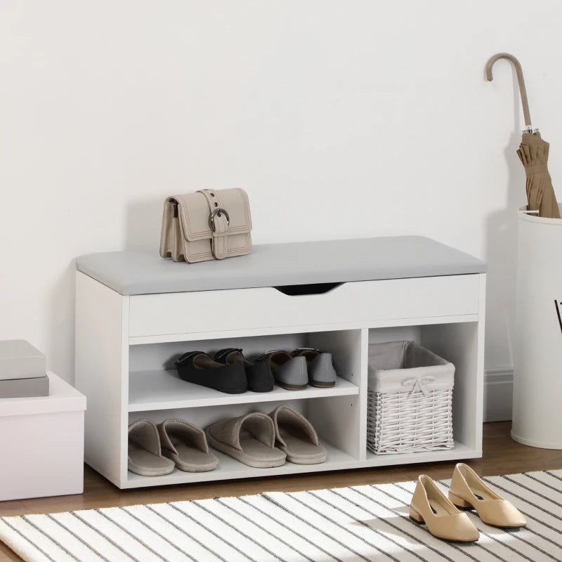 Shoe Bench Entryway Storage Rack with Padded Cushion, Hidden Storage for Hallway, Living Room, White