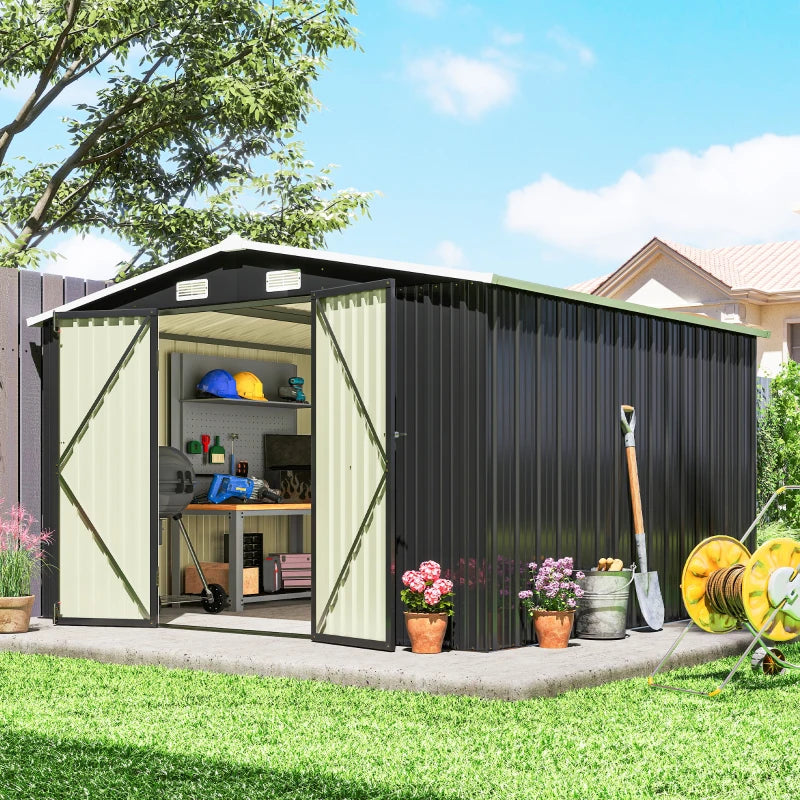 10' x 10' Metal Shed, Heavy Duty Outdoor Storage Shed with 4 Vents and Lockable Double Doors, Dark Grey