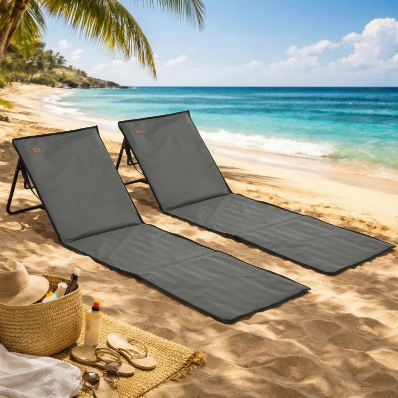 Set of 2 Foldable Lounge Chairs with Carry Bag, Adjustable Backrest, Grey