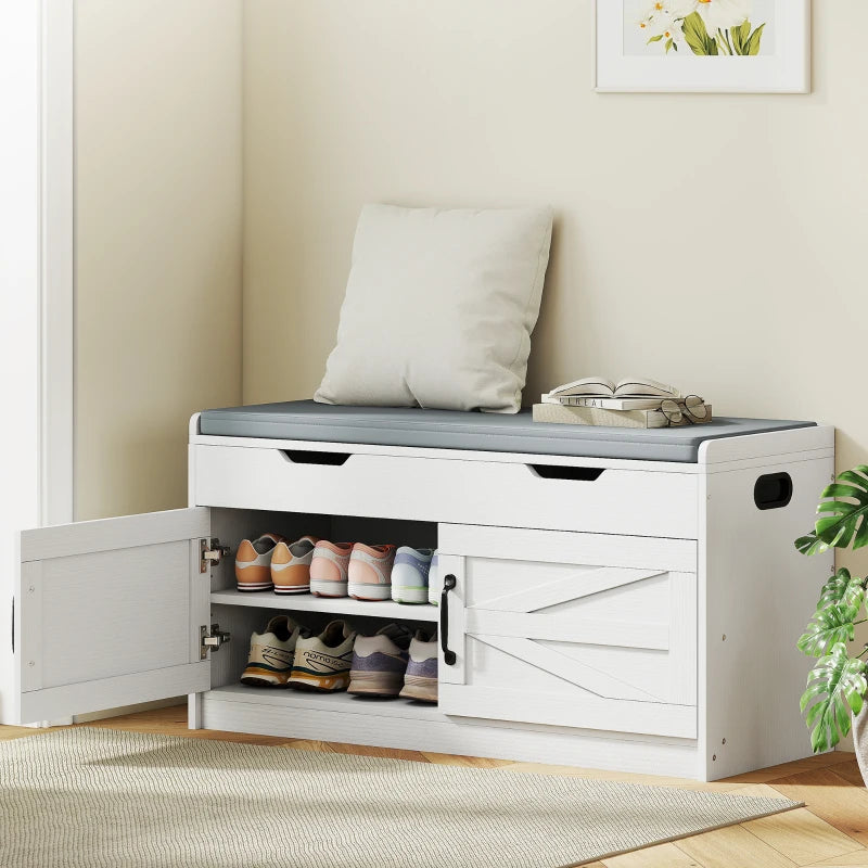 Shoe Storage Bench, Entryway Bench with 2-Tier Cabinet, Flip-Top Storage, Padded Cushion for Hallway, White
