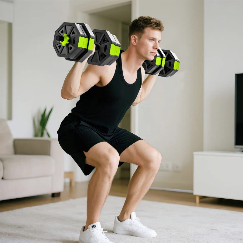Soozier 6-in-1 Adjustable Dumbbell Set, Used as Kettlebell, Barbell, Dumbbell, Push-Up Stand, 44lbs Free Weights Set, Green