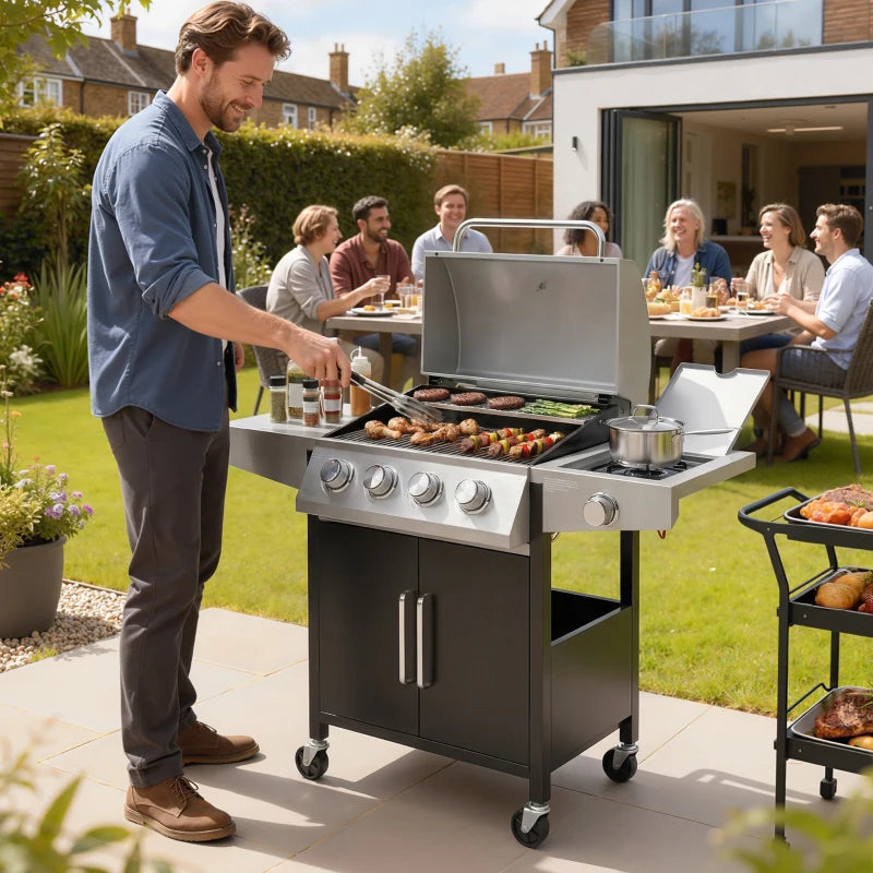 4+1 Burner Liquid Propane Gas Grill, Outdoor Portable BBQ Grill with Side Burner, Warming Rack, Side Shelf