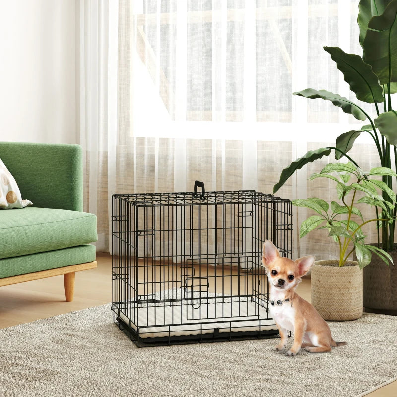 24" Dog Crate with 2 Doors, Folding Metal Dog Cage with Soft Cushion, Removable Tray, Handle for Extra Small Dogs, Black