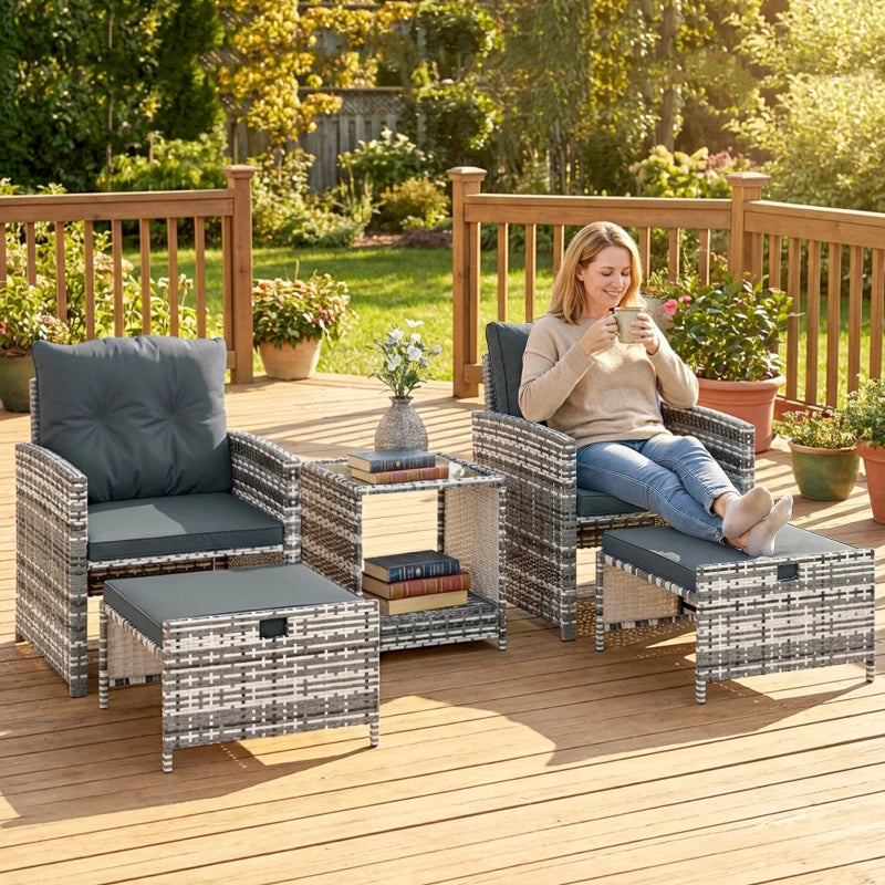 5 Piece Patio Furniture Set, Wicker Patio Chairs with Ottomans, 2-Tier Glass Coffee Table and Cushions, Grey/Dark Grey