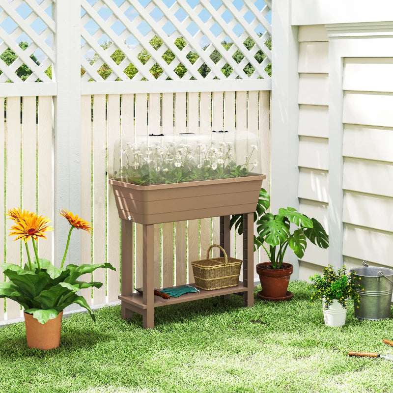 41L Self Watering Raised Garden Bed w/ Ventilation Transparent Lid Greenhouse, Planter Box w/ Storage Shelf, Brown