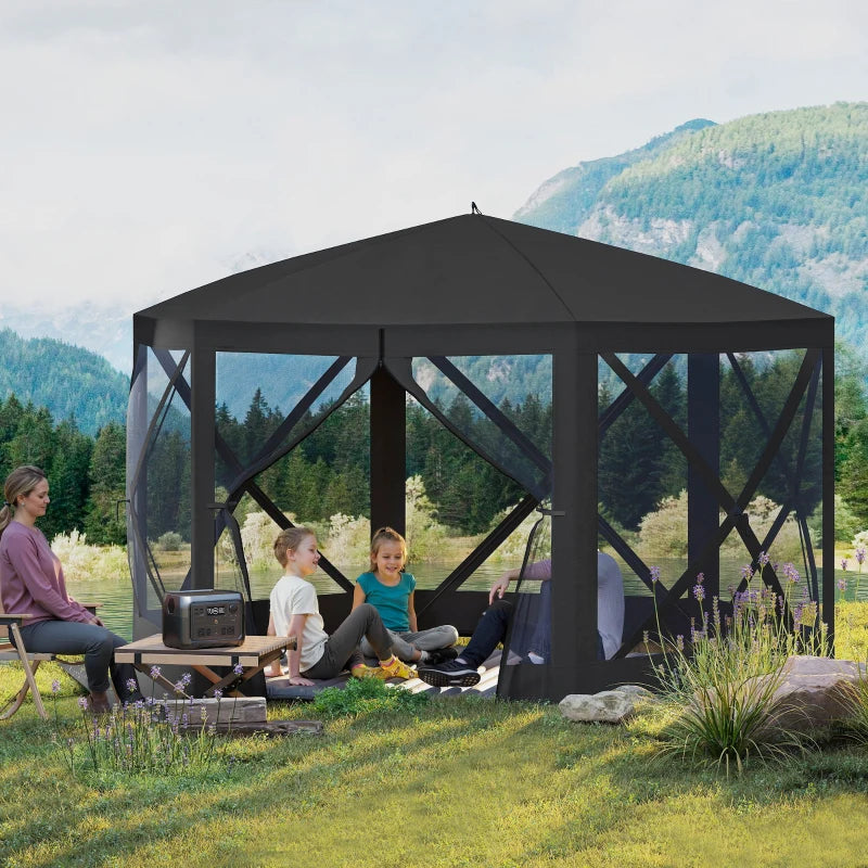 12' x 12' Hexagon Automatic Pop Up Screen Tents, Camping Shelter w/ Mesh Sidewalls and Carry Bag Black