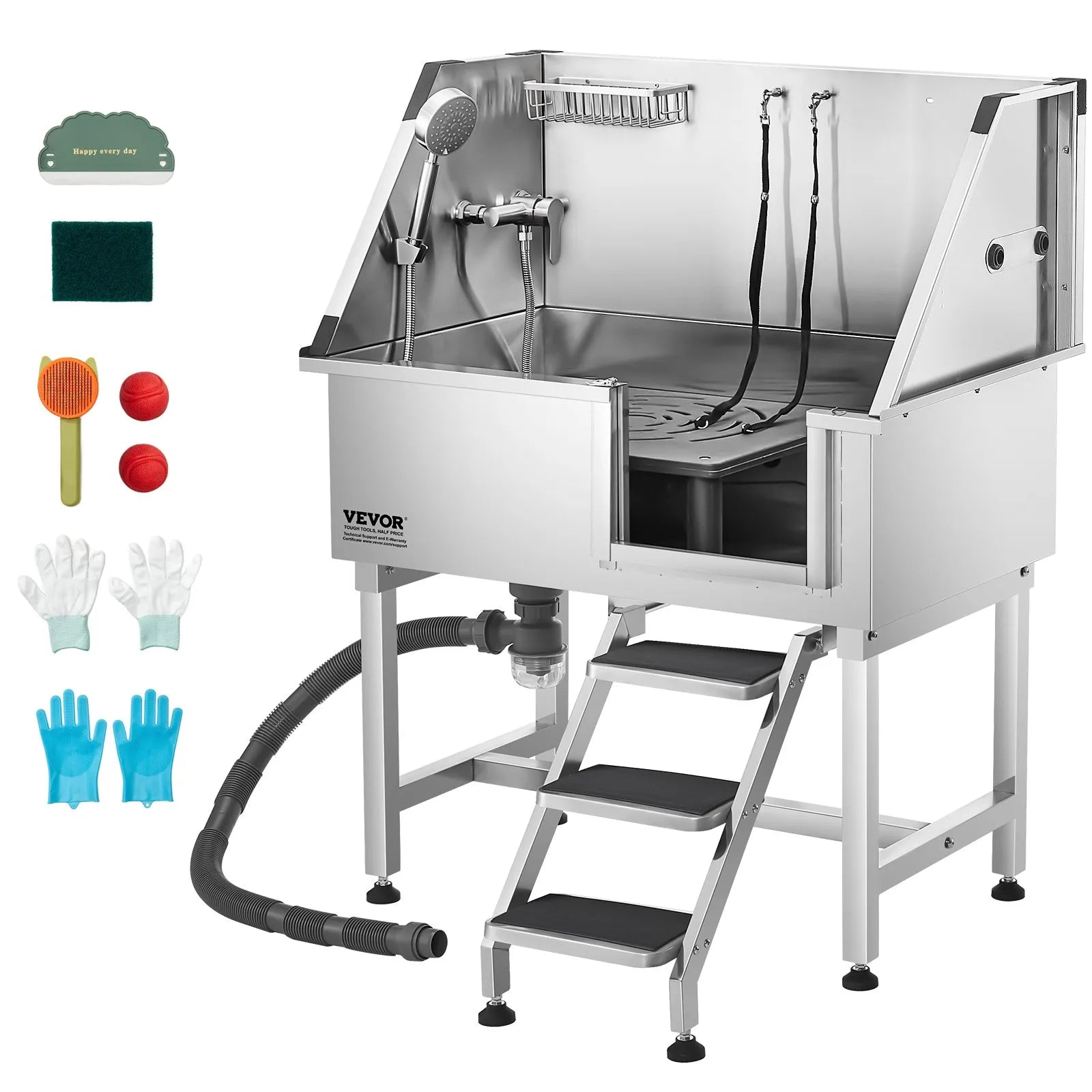 VEVOR 38" Dog Grooming Bath Tub Stainless Steel w/ Stairs Faucet Showerhead