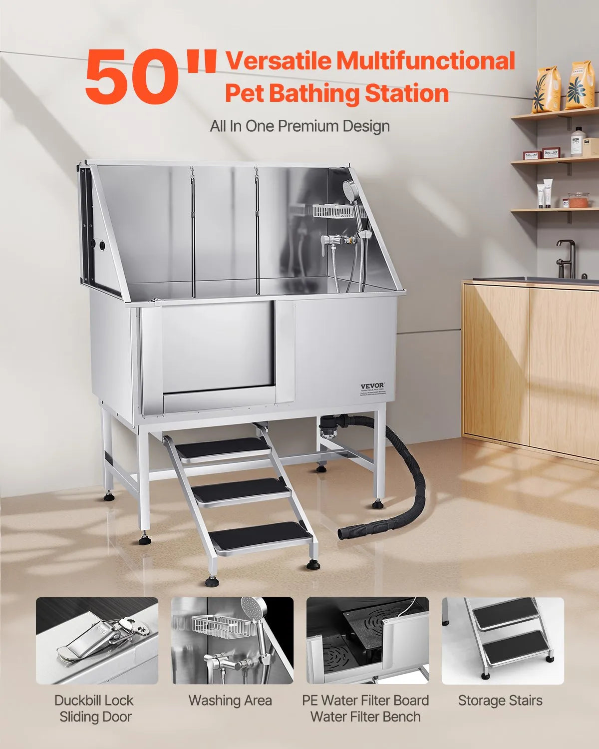 VEVOR 50 Inch Dog Grooming Bath Tub Stainless Steel w Stairs Water Filter Left