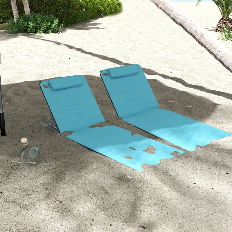 2 Pieces Beach Lounge Chair, Outdoor Folding Chaise Lounge Set w/ Pillow for Sunbath, Snap, Blue