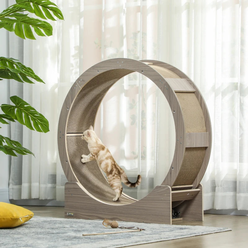 36" Cat Wheel for Indoor Cats with Brake, Scratching Pads, Walnut