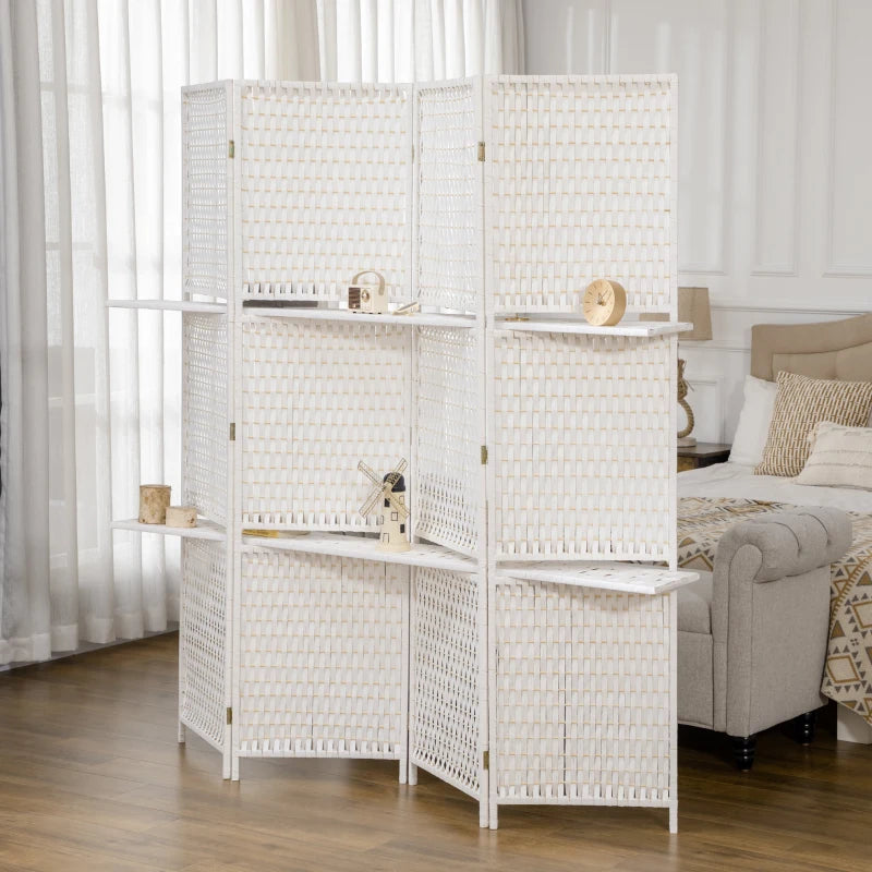 4 Panel Room Divider with Shelves, 6 FT Freestanding Folding Privacy Screen, Partition Wall Divider for Bedroom, White