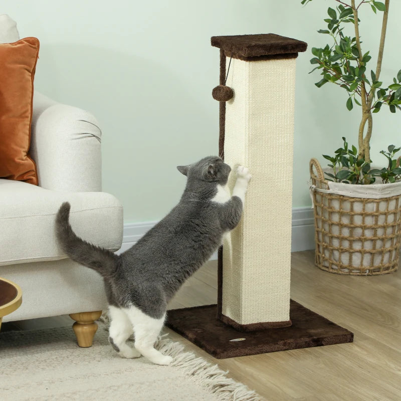 32" Tall Cat Scratching Post for Indoor Cats and Kittens, Sisal Cat Scratcher with Hanging Ball Soft Plush, Brown