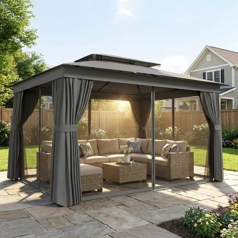 10' x 12.5' Outdoor Gazebo with Curtains and Netting, Double Roof Metal Patio Gazebo Canopy Shelter with Hook, Dark Grey