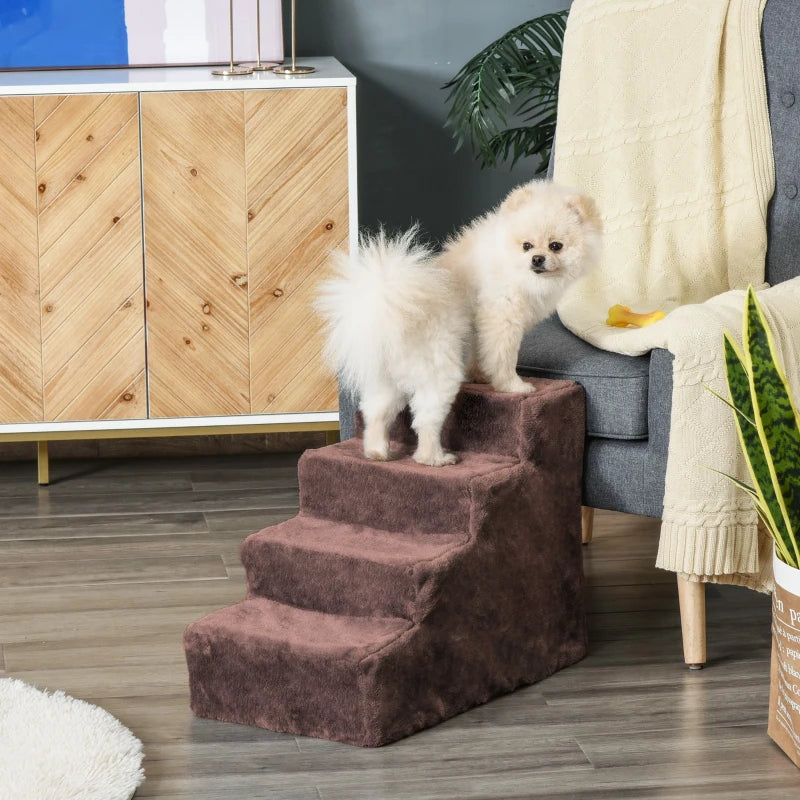 4-Step Dog Ramp for Sofa, Bed, and Couch, with Removable Cover, Brown