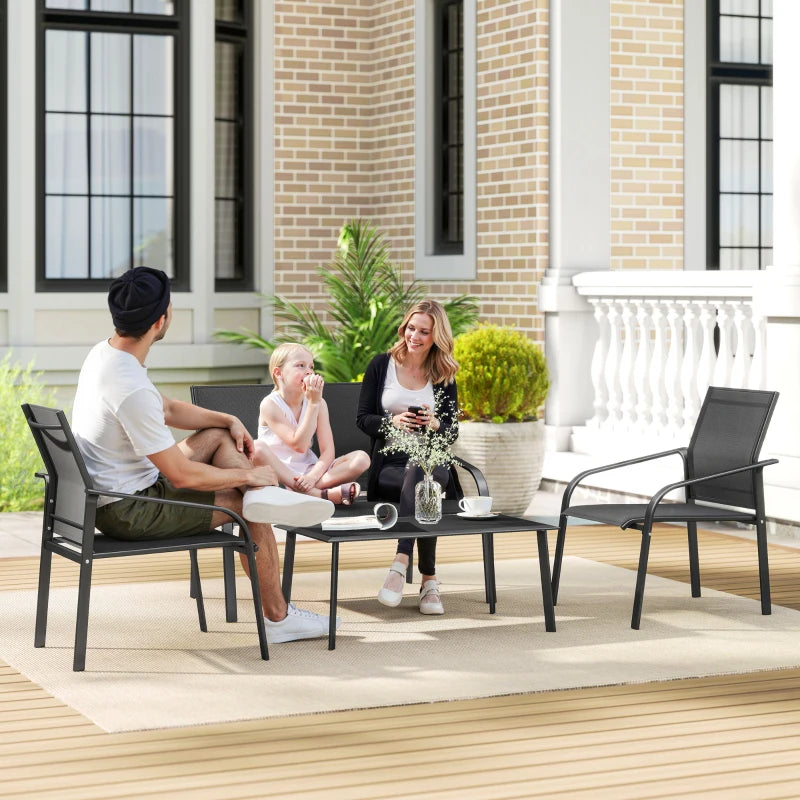 4 Piece Patio Furniture Set, Outdoor Conversation Set with Deep Seat, Loveseats, Armchairs, Glass-Top Table, Black
