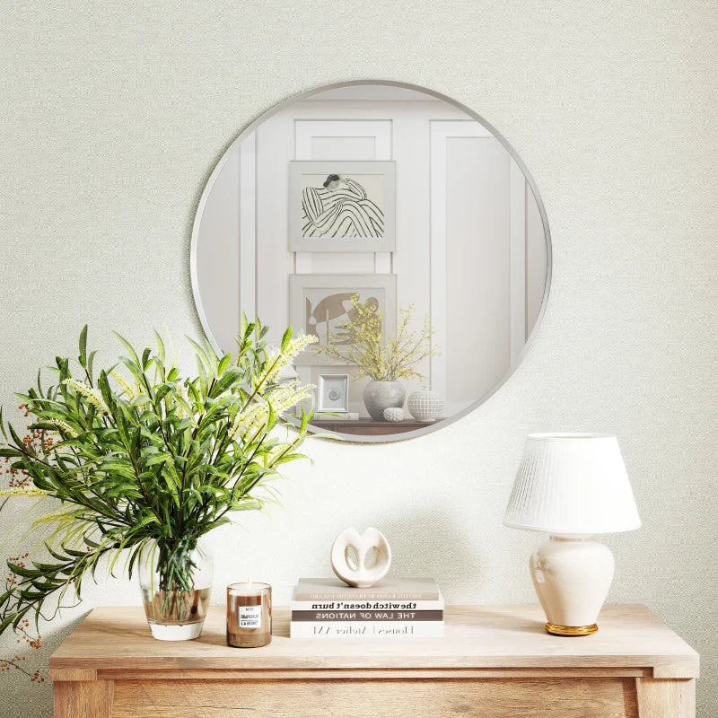 24" Decorative Wall Mirror for Bedroom Living Room, Modern Round Bathroom Mirror for Home Decor, Silver