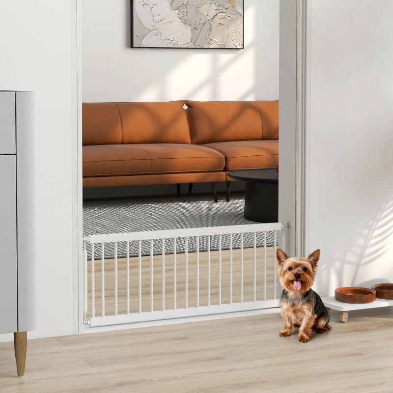 26"-37" Dog Gate, Adjustable Pet Gate, Fits 14" Tall with 2 Extension, Pressure Mount Kit for Stairs and Doorways, White