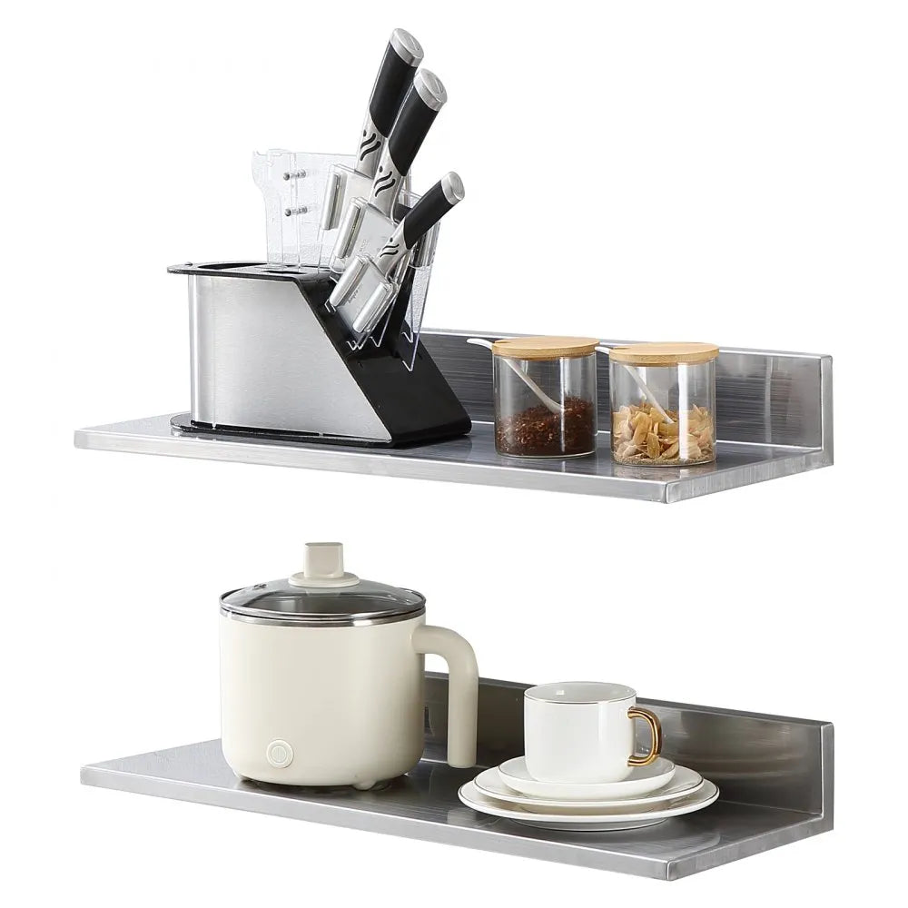 VEVOR 8.6" x 24" Stainless Steel Shelf, Wall Mounted Floating Shelving with Backsplash, 44 lbs Load Capacity Commercial Shelves, Heavy Duty Storage Rack for Restaurant, Kitchen, Bar, Home, and Hotel