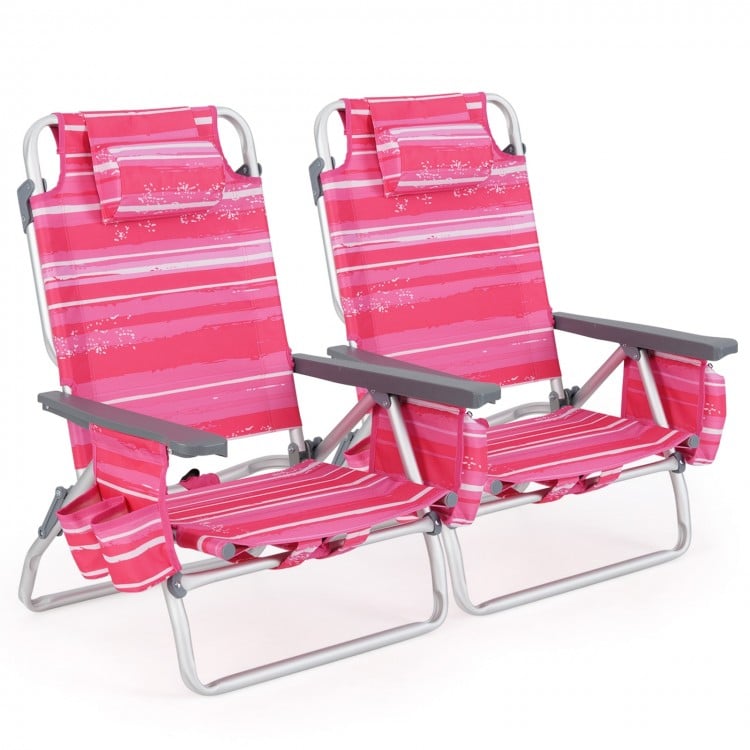 2 Pieces Folding Backpack Beach Chair with Pillow-Hot Pink